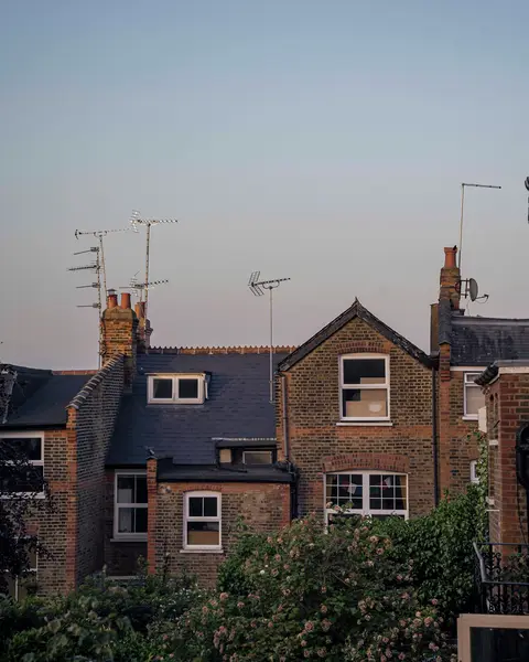 Brick London houses with rear additions, a dormer and TV aerials at sunset