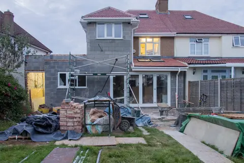 Semi-detached house with a rear extension being built